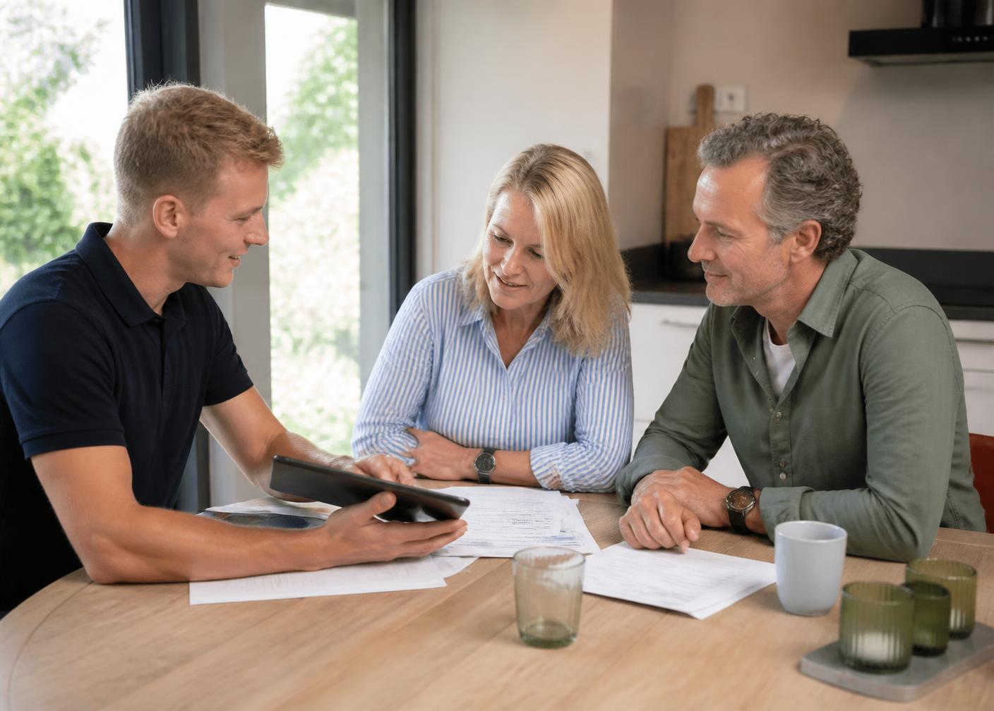 Adviseur van Nieuwenhoff Verduurzaming bespreekt het verduurzamingsplan met bewoners aan de keukentafel