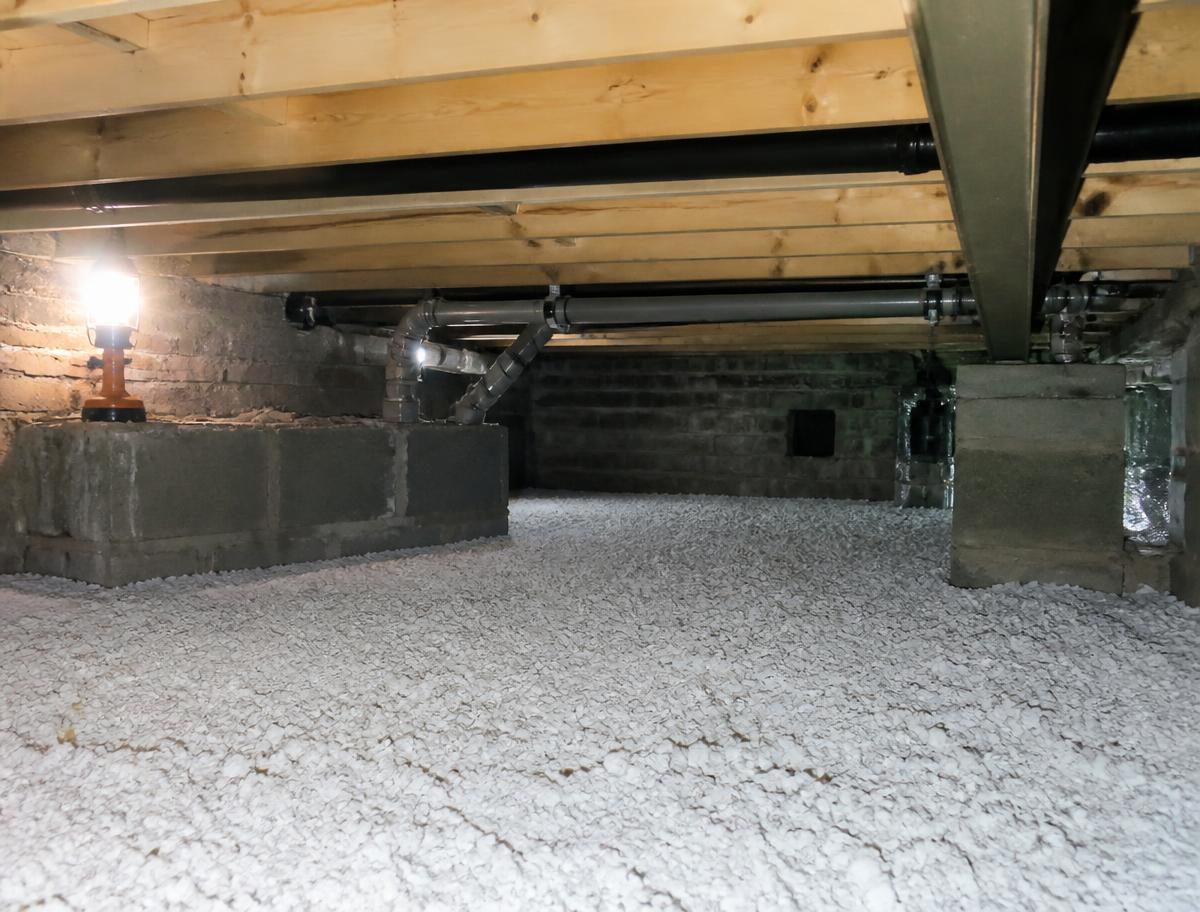 Kruipruimte onder een woning met een aangebrachte laag bodemisolatie